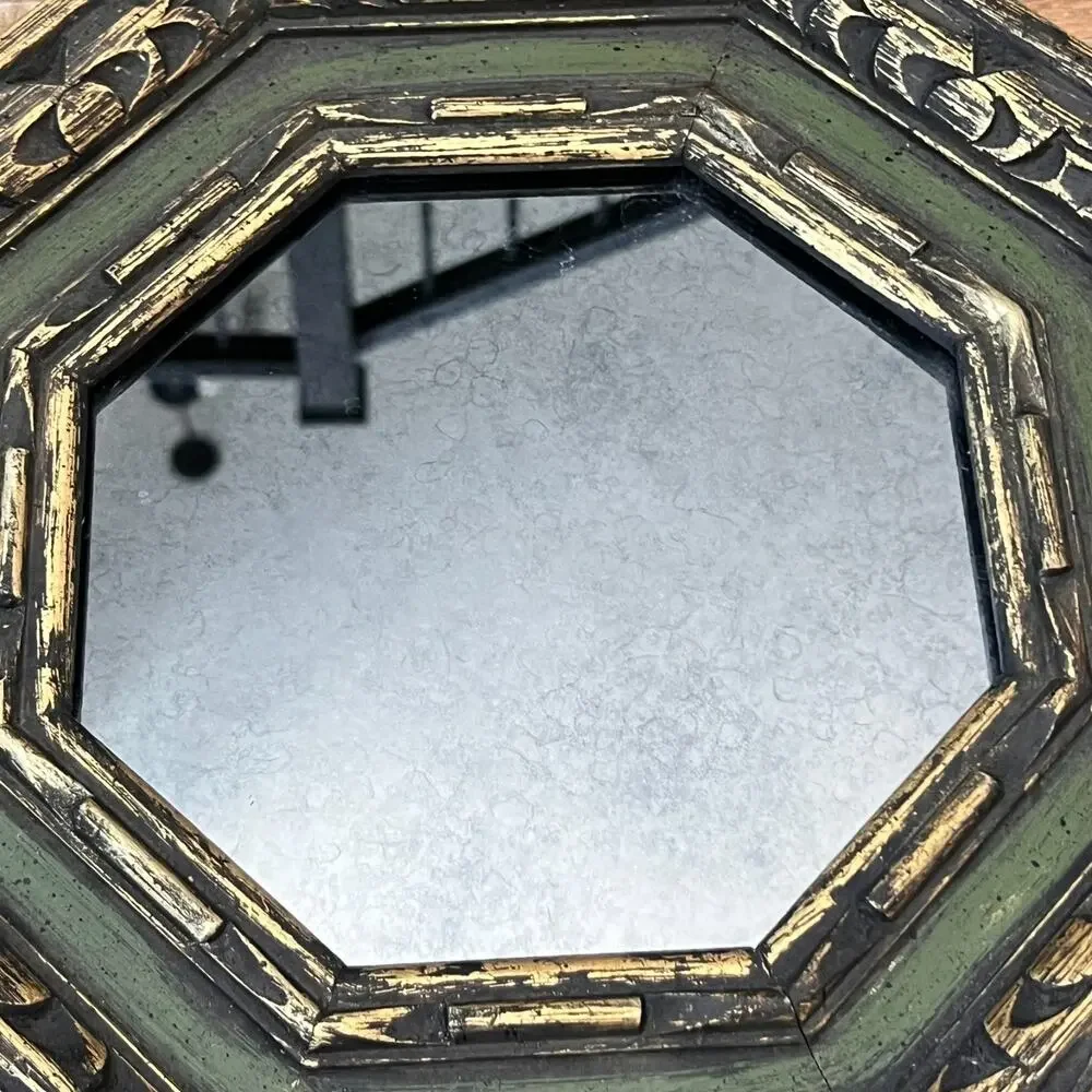 Vintage Octagon Green Wooden Framed Mirror Antiqued Distressed Finish